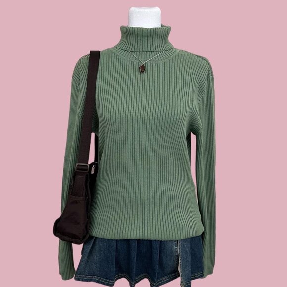 vintage 90s green downtown it girl elevated basic silk blend turtleneck top - Picture 1 of 8